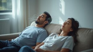 ソファに並んで座り、目を閉じて静かに休む男女。柔らかな自然光が差し込む室内で、思考を手放そうとする穏やかな時間を表している。