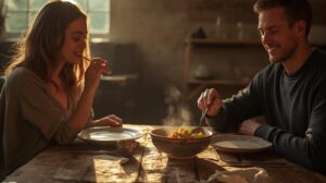 温かな夕暮れの光の中で、湯気の立つ料理を前に向き合い、静かに味わう男女の食卓風景