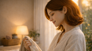 夕方の窓光の中、リネンの布を手に取り見つめる女性の横顔