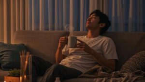 暖色の間接照明のリビングで、湯気の立つマグを手に深呼吸する男性