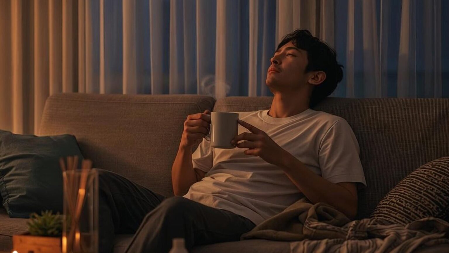 暖色の間接照明のリビングで、湯気の立つマグを手に深呼吸する男性