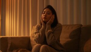 暖色の夜リビングで、女性が頬に手を当ててスキンケアをしている。