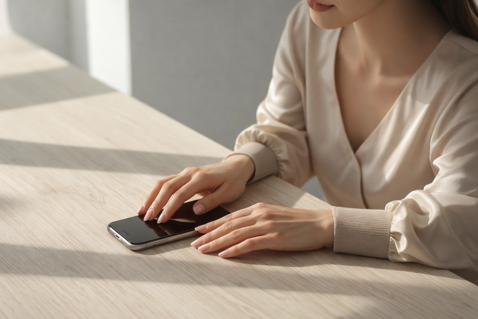 自然光が差し込む木のテーブルで、女性がスマホに手を添えて画面から距離を取ろうとしている様子