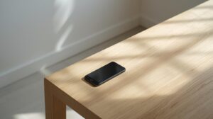 デジタルデトックスを象徴する、木のテーブルに置いたスマートフォンと自然光