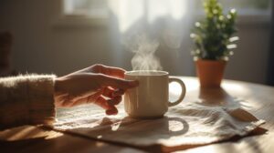 朝の自然光が差し込む室内で、手に取った温かいマグカップから湯気が立ち上る静かな暮らしの一場面