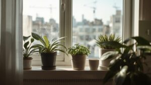 窓辺に並ぶ観葉植物に柔らかな自然光が差し込み、静かな空気が流れる室内の風景