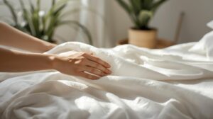 白いリネンの布に手を添え、やわらかな自然光の中で触感を確かめる静かな時間