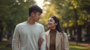 木漏れ日の差す公園の小径で、自然に身を置きながら歩く男女。男性が優しく女性を見つめ、女性も微笑み返している。