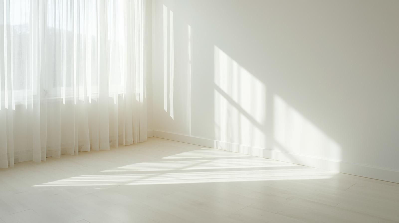 何も置かれていない白い部屋に、朝の光と影だけが広がる静かな空間