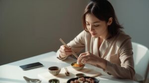 夕方の自然光が差し込む食卓で、スマホを置き、箸で一口を丁寧に味わう女性