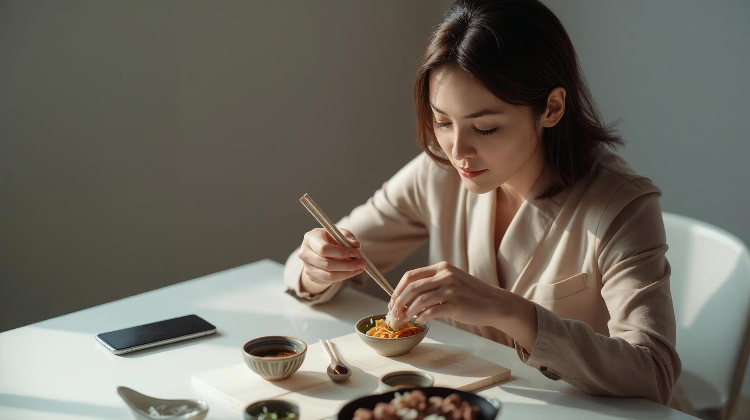 夕方の自然光が差し込む食卓で、スマホを置き、箸で一口を丁寧に味わう女性