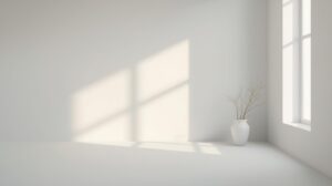 視覚を整えるための白いミニマルな部屋、窓の光と花瓶だけの静かな空間