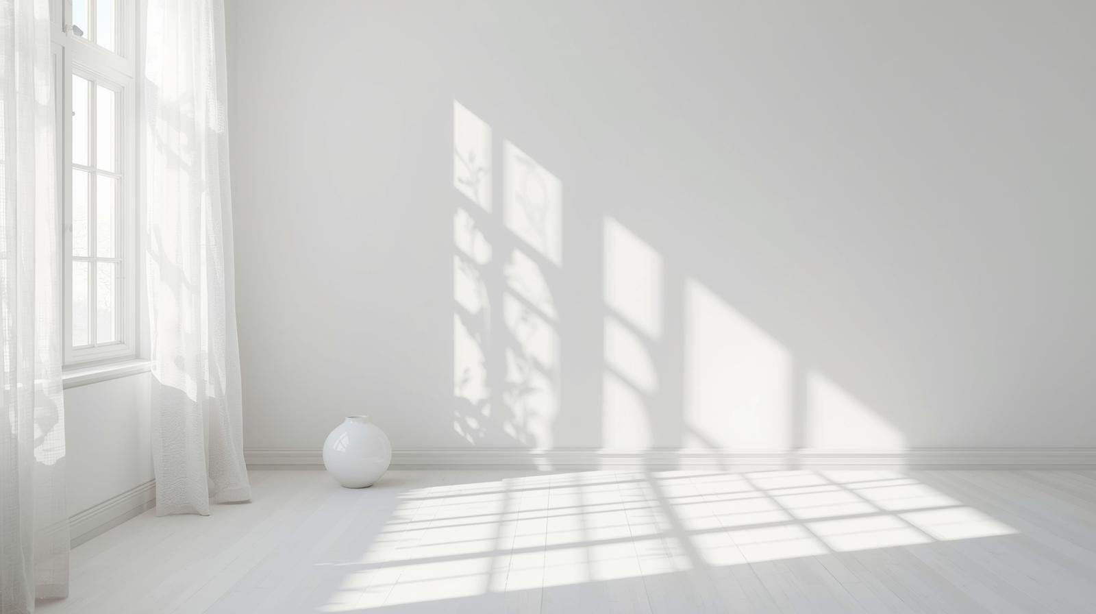 白い部屋に差し込む窓の影と、静かに置かれた白い花瓶
