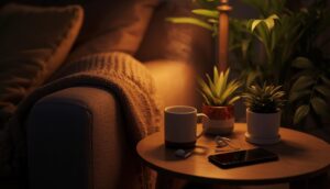 夜の暖色照明の静かなリビング。サイドテーブルに湯気の立つマグカップと画面オフのスマホ、窓際に観葉植物。