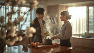 冬の朝日が差し込むキッチンで、湯気の立つ急須を囲む男女と、手前にぼけた梅の花。