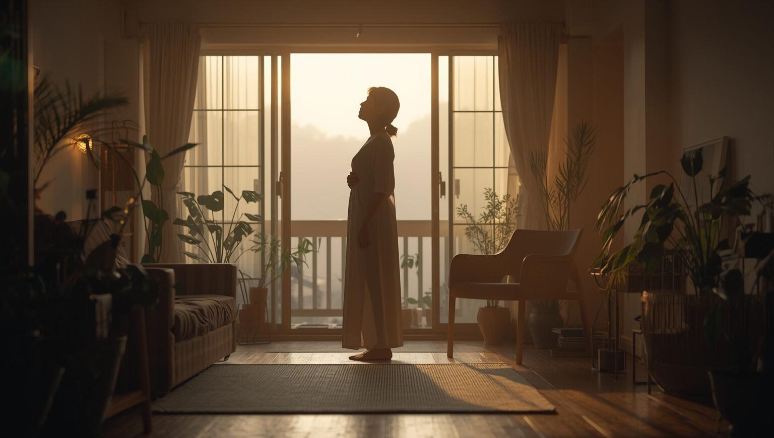 やわらかな自然光が差し込む室内で、窓辺に立ち静かに呼吸する人物のシルエット。植物と余白のある空間が、外の自然と内側の感覚が重なる時間を感じさせる。