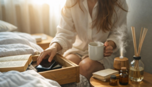 朝の寝室で、女性がスマホを引き出しにしまい、湯気の立つマグを持つ。紙の本とアロマがそばにある。