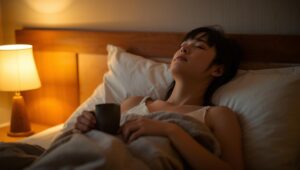 暖色の間接照明に包まれた夜のベッドルームで、目を閉じて静かに呼吸する人物。胸元にかけたブランケットと手にしたマグカップから、音のない時間と内側へ向かう落ち着きが伝わる。