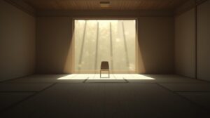 静かな和室の中央に一脚の椅子が置かれ、奥の窓から柔らかな光が差し込む空間
