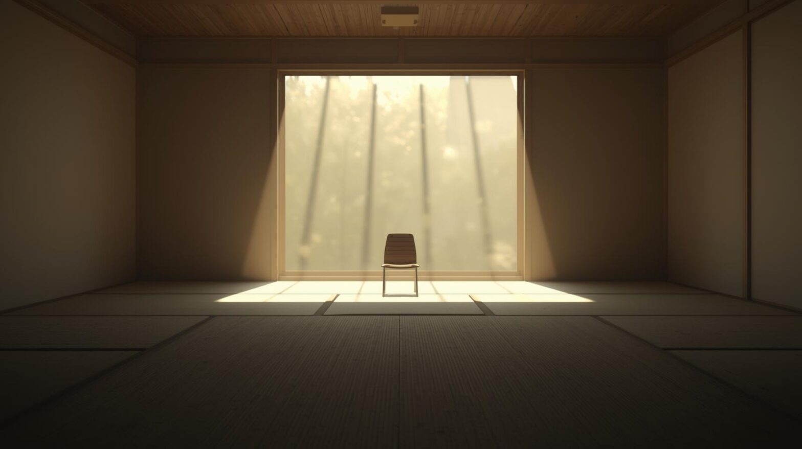 静かな和室の中央に一脚の椅子が置かれ、奥の窓から柔らかな光が差し込む空間