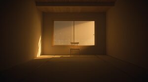 夜の静かな和室で、窓から淡く差し込む光に照らされた椅子が置かれた余白のある空間