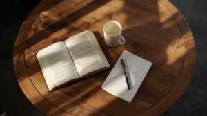 丸い木製テーブルの上に開いた本とノート、マグカップが自然に置かれた、整いすぎない静かな暮らしの風景