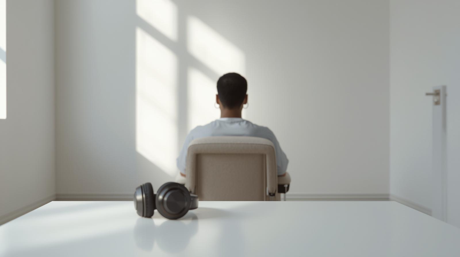 静かな白い室内で椅子に座る人物の背中姿。手前のテーブルには置かれたままのヘッドホンがあり、音を足さない選択と静けさへの意識を象徴している。