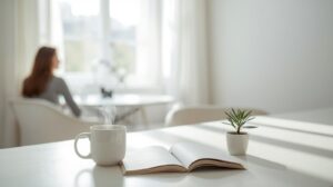 静かな朝の白い室内で、湯気の立つマグカップと開いた本、観葉植物が置かれたミニマルなテーブル。奥には窓辺で静かに過ごす人物の姿があり、余白と落ち着いた時間を感じる空間。