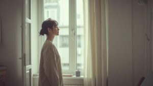 窓辺に立ち、静かに目を閉じて空気を感じる人物の横顔。整えられた室内の中で、見えない匂いと記憶を探すような穏やかな光景。