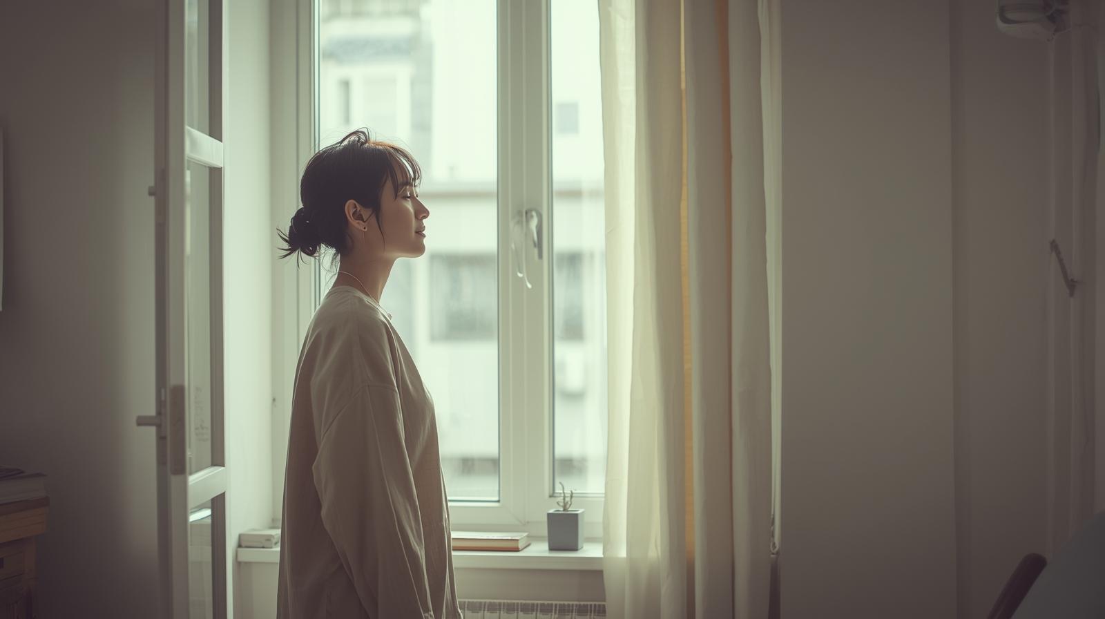 窓辺に立ち、静かに目を閉じて空気を感じる人物の横顔。整えられた室内の中で、見えない匂いと記憶を探すような穏やかな光景。