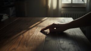 木目の浮かぶ古い机に、指先がそっと触れている様子。柔らかな自然光の中で、物との静かな関係性と感触を確かめる瞬間を切り取った光景。