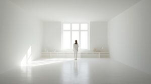 静かな白いミニマル空間の中、窓から差し込む自然光に包まれながら、小さな人物が背中を向けて立つ。余白の広い室内が「持たない豊かさ」と静かな余韻を感じさせる写真。