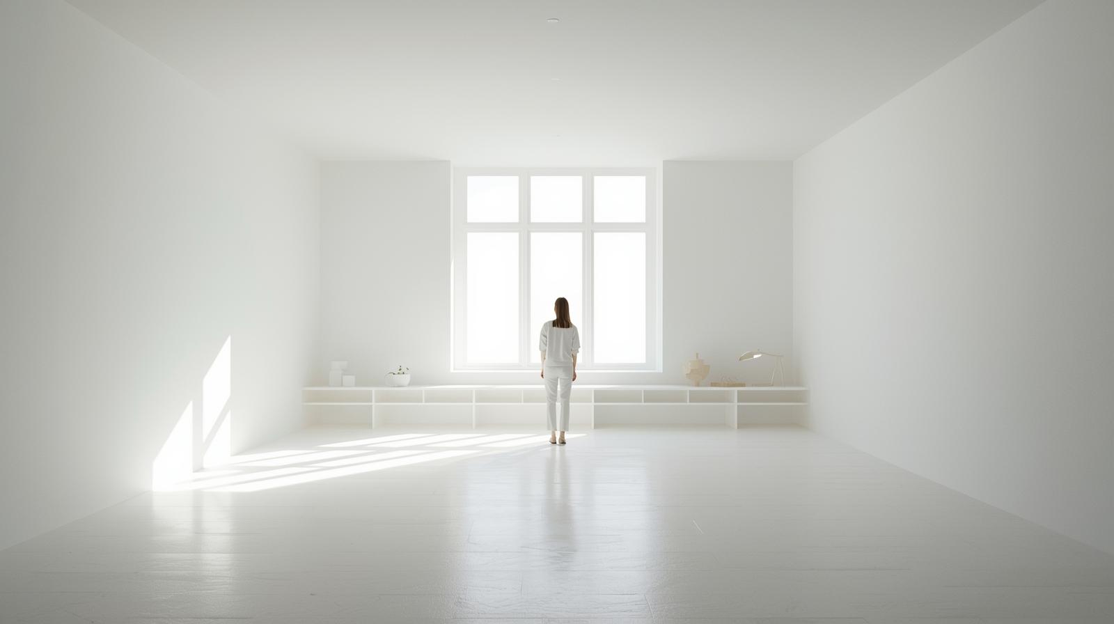 静かな白いミニマル空間の中、窓から差し込む自然光に包まれながら、小さな人物が背中を向けて立つ。余白の広い室内が「持たない豊かさ」と静かな余韻を感じさせる写真。