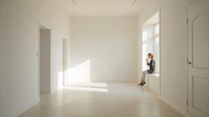 窓辺の柔らかな自然光の中、静かな部屋で人物がゆったり過ごす日常のワンシーン。余白のある空間が穏やかな暮らしのリズムを感じさせる様子。