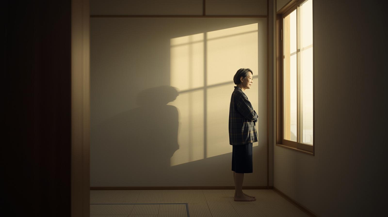 夕方の柔らかな光が差し込む和室で、窓辺に静かに立つ人物。時間を重ねた穏やかな佇まいが、老いを衰えではなく深まりとして感じさせる一場面。
