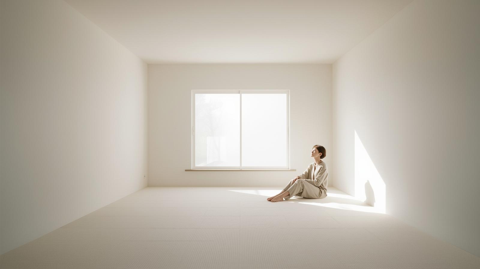 やわらかな自然光が差し込む静かな部屋で、畳の上に一人で座る人物。広い余白のある空間の中で落ち着いた姿が印象的な、孤独ではなく安心を感じさせる穏やかな時間の情景。