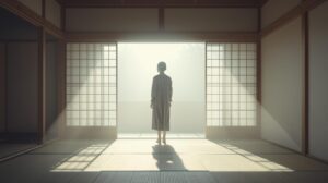 柔らかな光の入る和室に立つ人物の後ろ姿。五感で生きるという静かな入口を思わせる風景