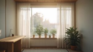 朝の空気と観葉植物がある静かな朝の室内風景