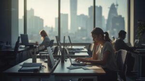 静かな午前のオフィスで、やわらかな光の中ノートパソコンに向かい集中して働く女性と周囲の同僚たち