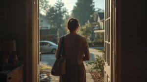 静かな朝の玄関から住宅街へ向かう女性の後ろ姿とやわらかな朝の光