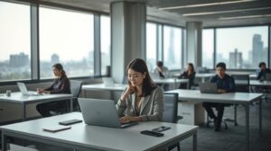 昼の自然光が差し込むオフィスで、都市の景色を背に複数の人が静かに仕事をしている様子