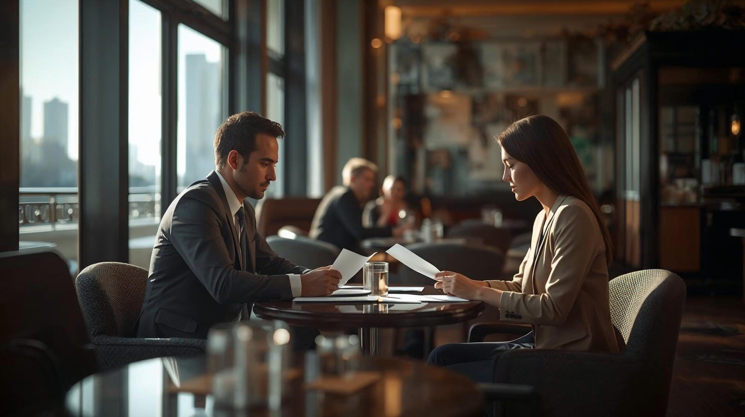 午後の光が差し込むホテルカフェで、資料を見ながら静かに商談をする男女のビジネスパーソン