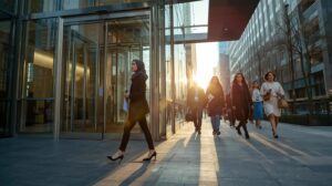 夕方のオフィス街で、IDカードを下げた会社員たちが会社を出て帰宅へ向かう様子