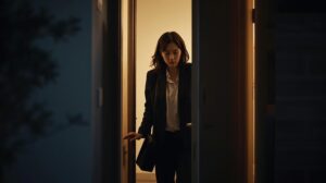 夕暮れ。仕事を終え帰宅した女性が玄関のドアを開け、家に入る瞬間
