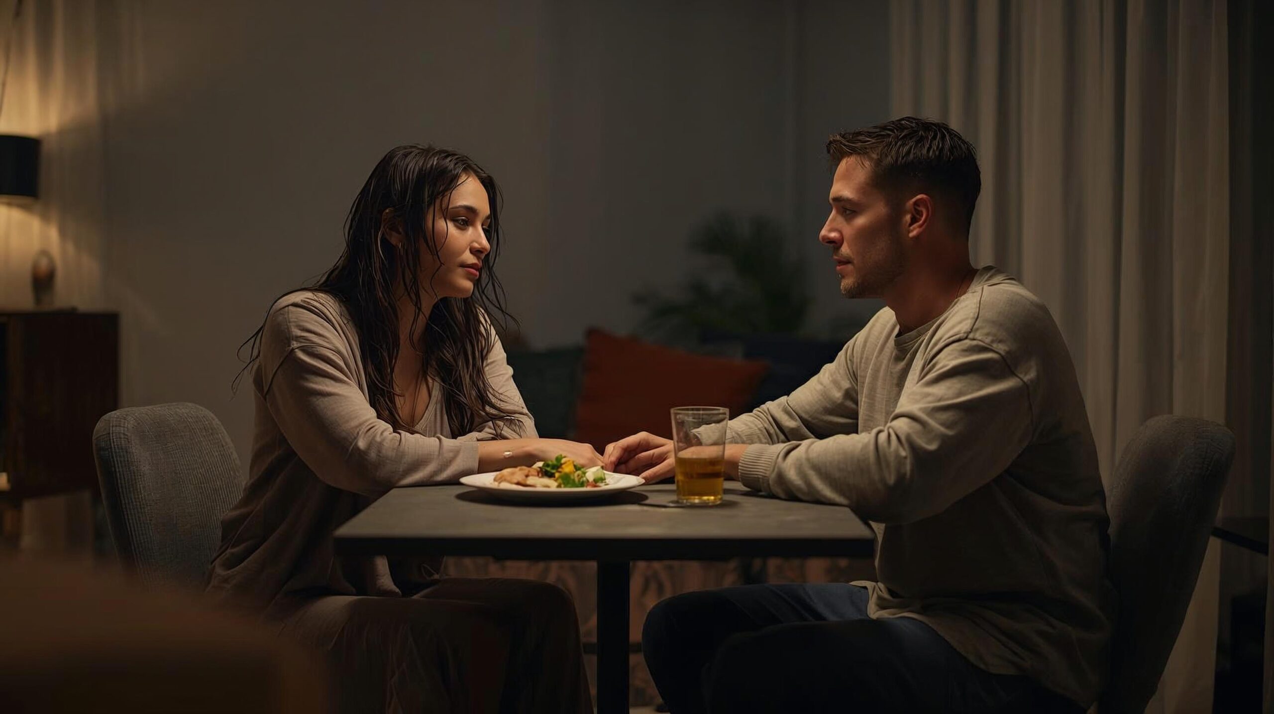 夜の静けさの中で、食卓を囲みながら静かに向き合う男女