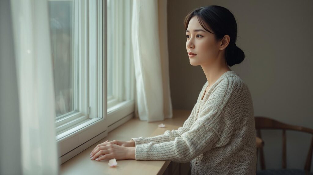 春の光の中で外を見つめる女性と、静かな室内の穏やかな時間