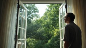 大きく開いた窓から初夏の光と緑を眺めながら、少しだけ立ち止まる男性