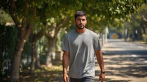 夏の強い日差しの中、街路樹のある道を通勤で歩く人物の上半身