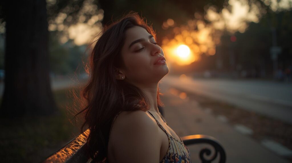 夏の夕方、木陰のベンチで風を感じながら涼む女性.夏に疲れる理由を感じる強い光と静かな夕方の空気
