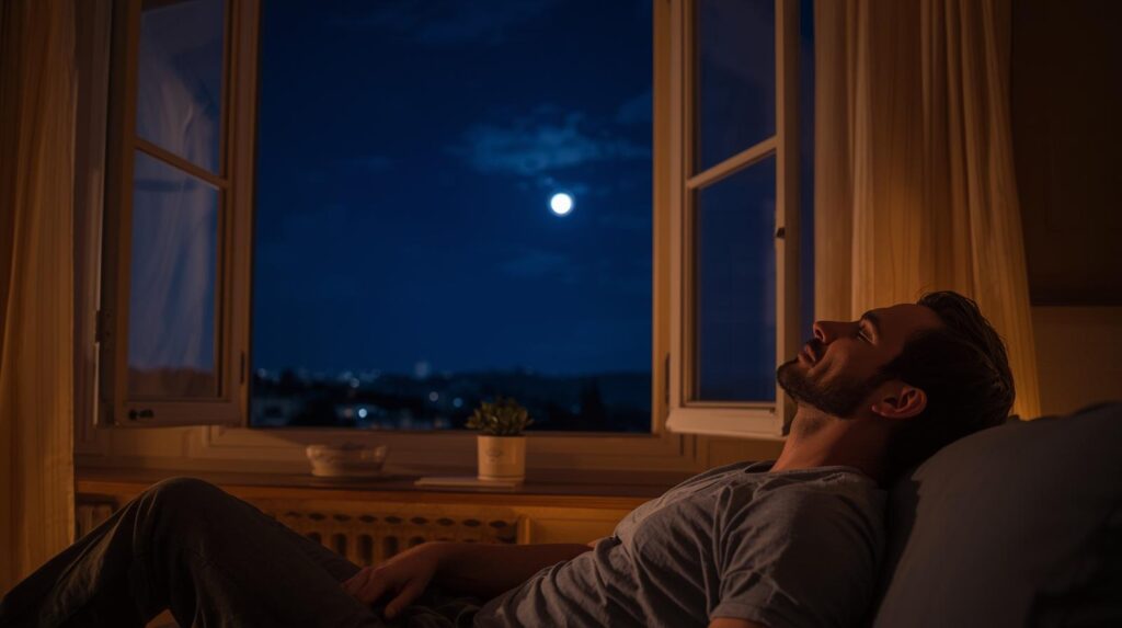 月明かりの見える窓辺で、観葉植物とともに静かにくつろぐ男性の夜の室内風景